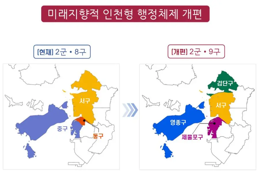 2026年7月から適用される仁川行政体制改編地図(仁川広域市提供)