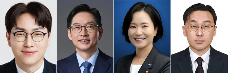 왼쪽부터 국가인공지능전략위원회 부위원장으로 지명된 하정우 전 AI수석, 대통령 정무특보로 지명된 김경수 전 경남지사, 청와대 AI수석으로 지명된 이해민 조국혁신당 의원, 대통령 메가프로젝트보좌관으로 지명된 이원주 기후에너지환경부 에너지전환정책실장