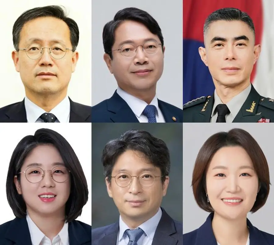 윗줄 왼쪽부터 경제부총리 겸 재정경제부 장관 후보자 이형일 재정경제부 제1차관, 법무부 장관 후보자 김승원 더불어민주당 의원, 국방부 장관 후보자 강신철 전 한미연합사령부 부사령관, 아랫줄 왼쪽부터 성평등가족부 장관 후보자 용혜인 기본소득당 의원, 국토교통부 장관 후보자 홍지선 국토교통부 2차관, 중소벤처기업부 장관 후보자 이소영 민주당 의원